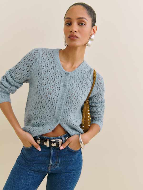 Clara Crew Cardigan - Mineral Pointelle