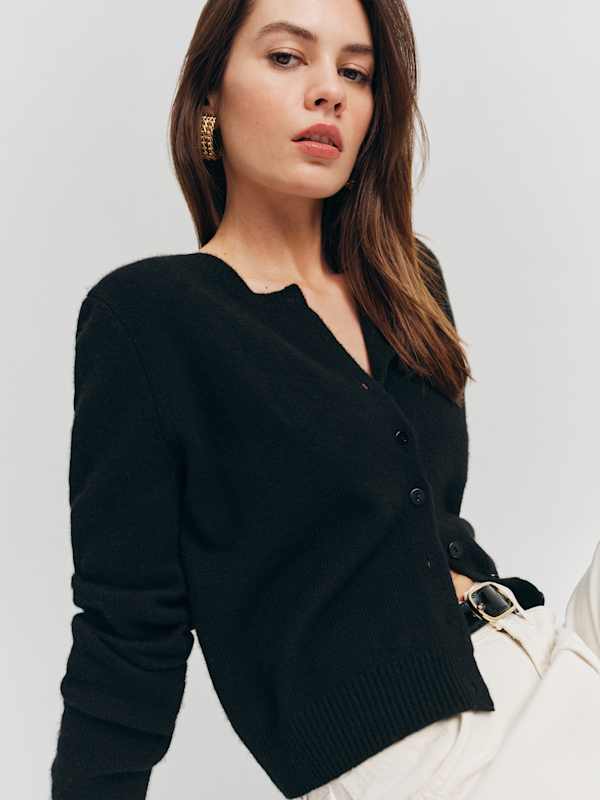 Clara Cashmere Crew Cardigan - Black