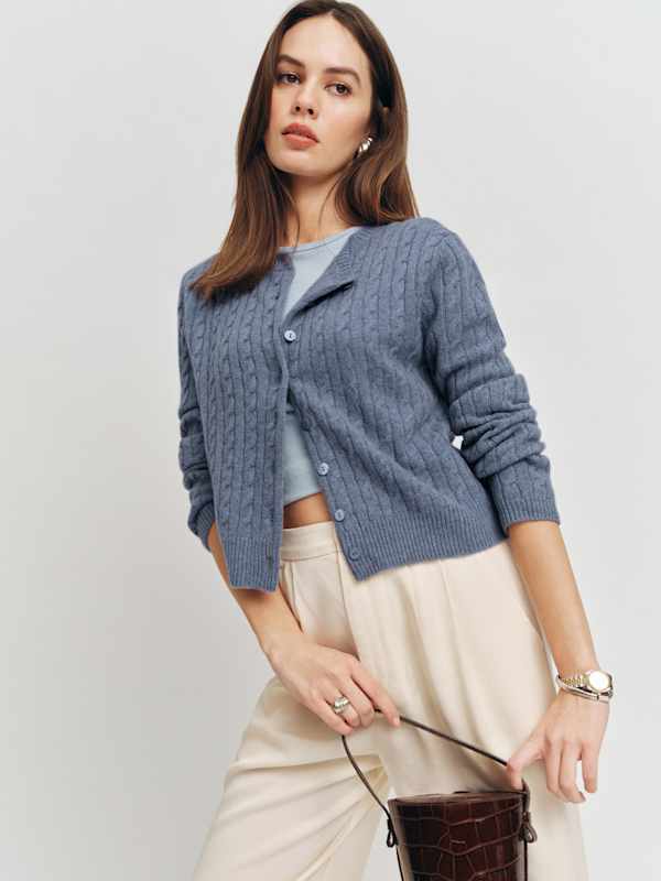 Clara Cashmere Crew Cardigan - Slate Blue Cable
