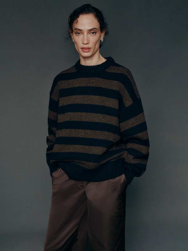 Gwen Oversized Regenerative Wool Sweater - Navy Espresso Stripe