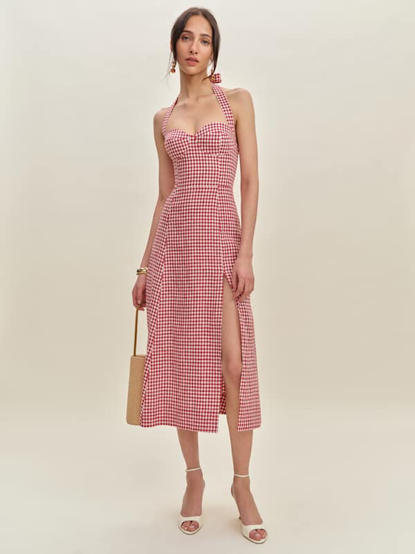 Tala Linen Dress - Tomato Check