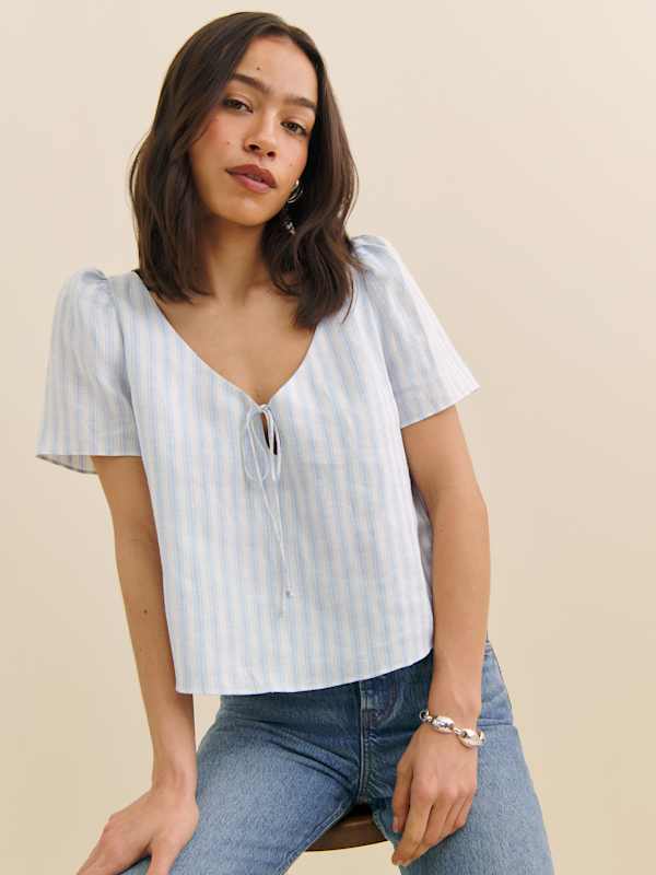 Mayla Linen Top - Swan Stripe